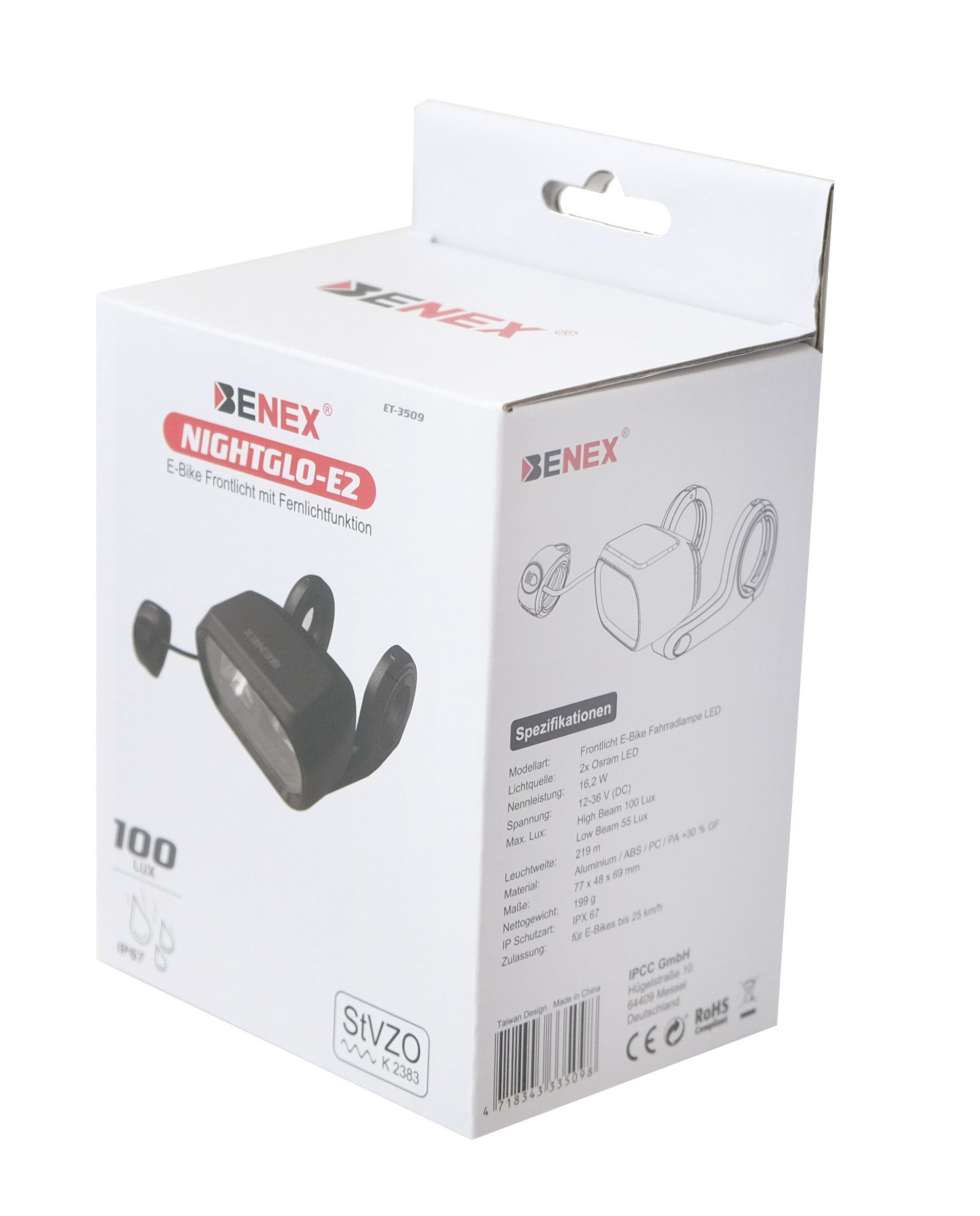 BENEX NIGHTGLOW 100 LUX E-Bike Fronlicht 
LED mit Fernlicht