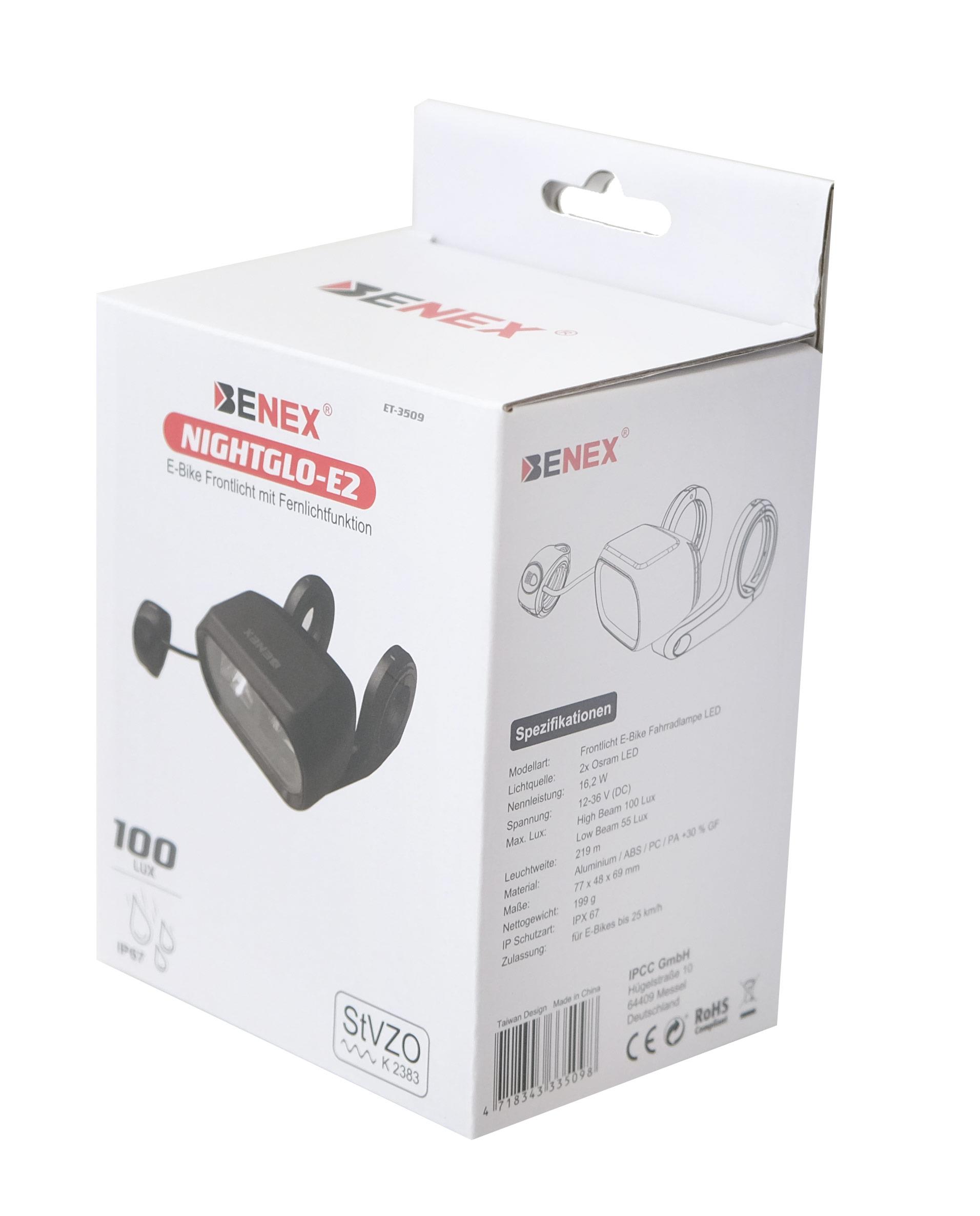 BENEX NIGHTGLOW 100 LUX E-Bike Fronlicht 
LED mit Fernlicht